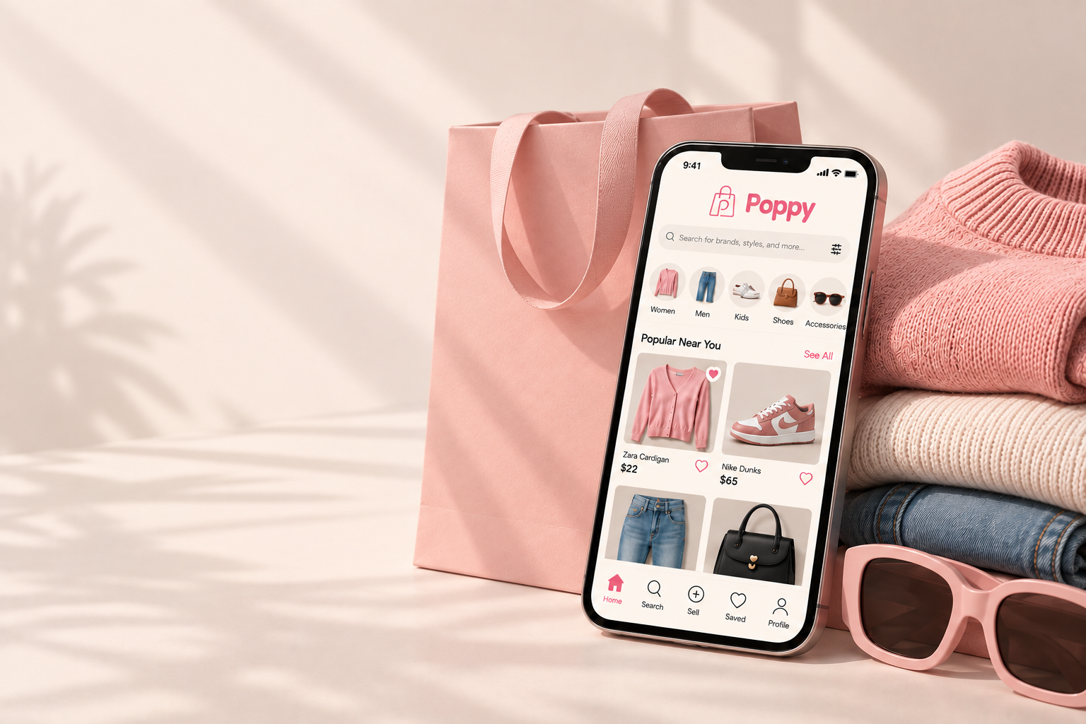 Poppy Shop app displayed with clothing, sunglasses, and a pink shopping bag
